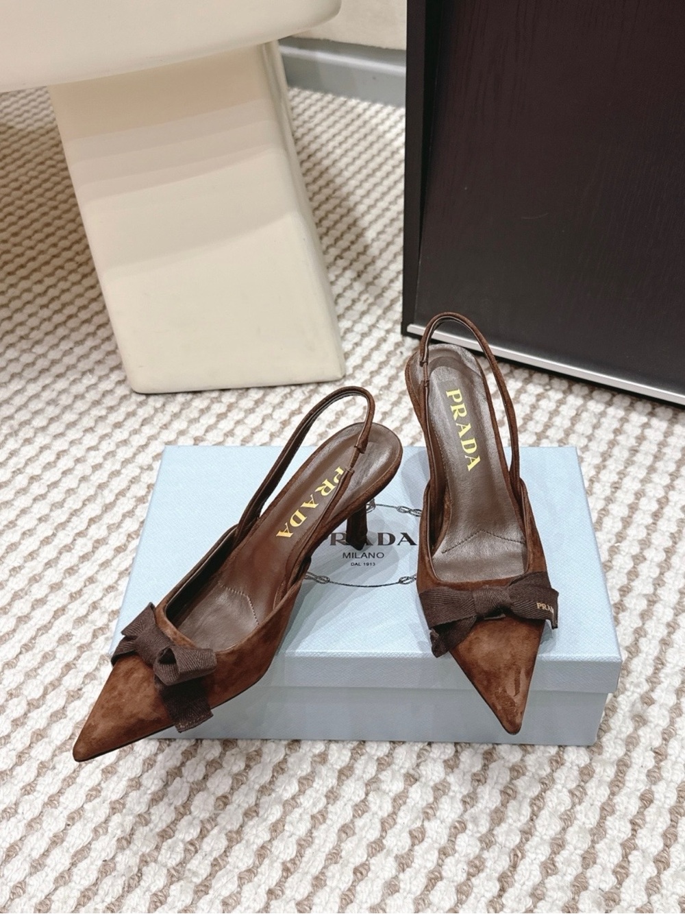 Prada Brown Suede Pointed Slingback Pumps with Bow Detail - Picture 4 of 7